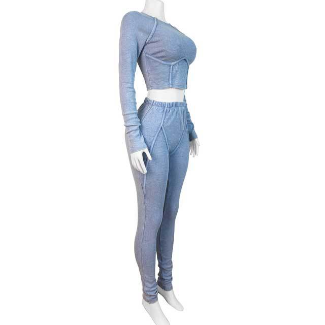 Washed Distressed Long Sleeve Skinny Pants Set