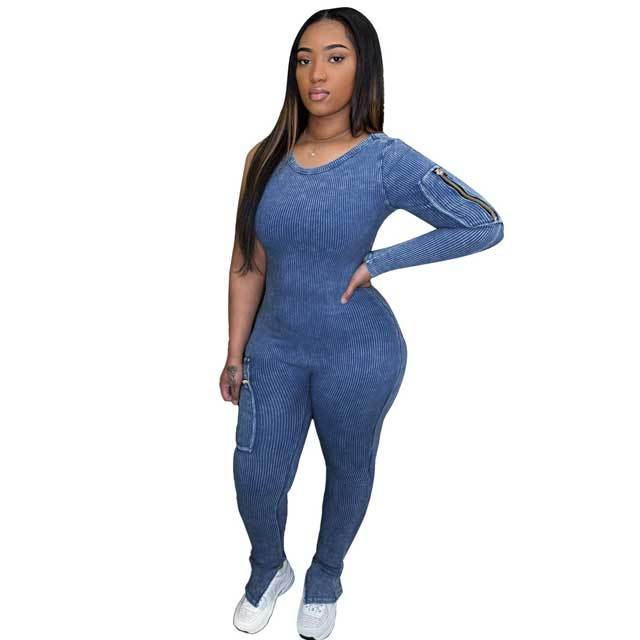 Washed Distressed Single Sleeve Cargo Jumpsuit