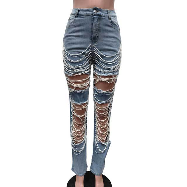 Pearl Chain Hollow Out Jeans