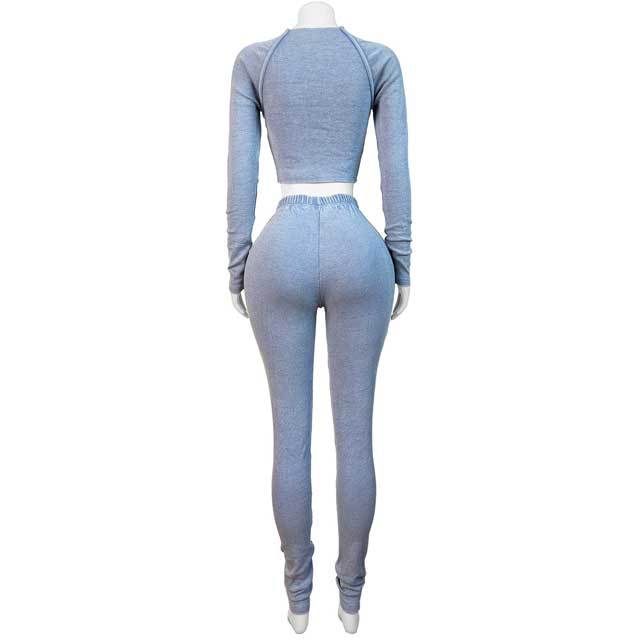 Washed Distressed Long Sleeve Skinny Pants Set