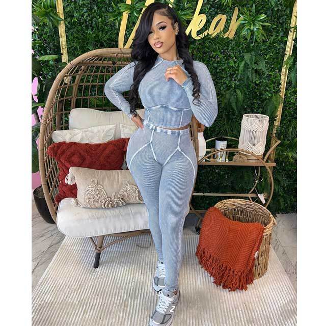 Washed Distressed Long Sleeve Skinny Pants Set