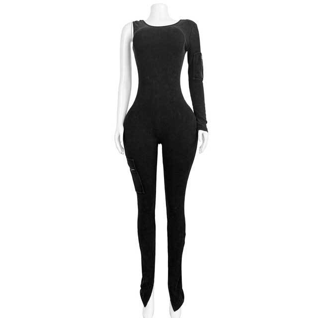 Washed Distressed Single Sleeve Cargo Jumpsuit