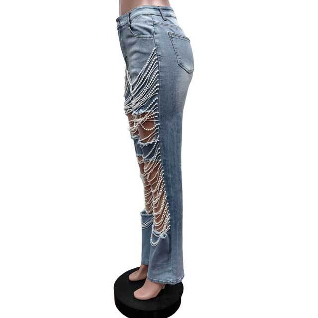 Pearl Chain Hollow Out Jeans