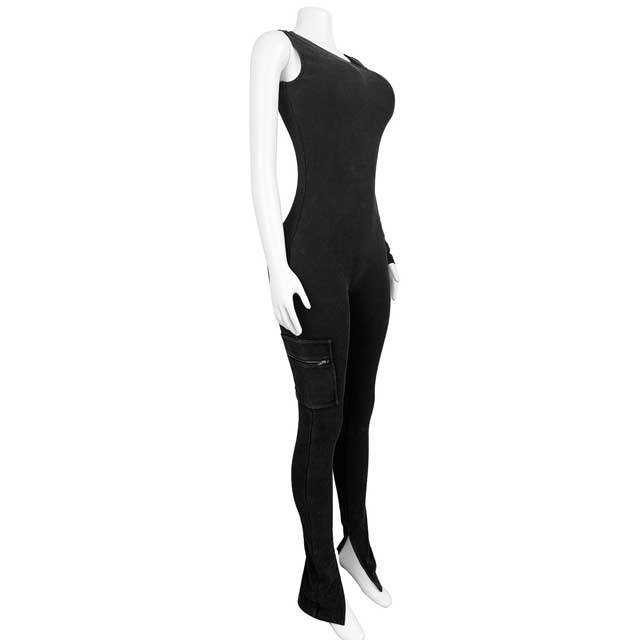 Washed Distressed Single Sleeve Cargo Jumpsuit
