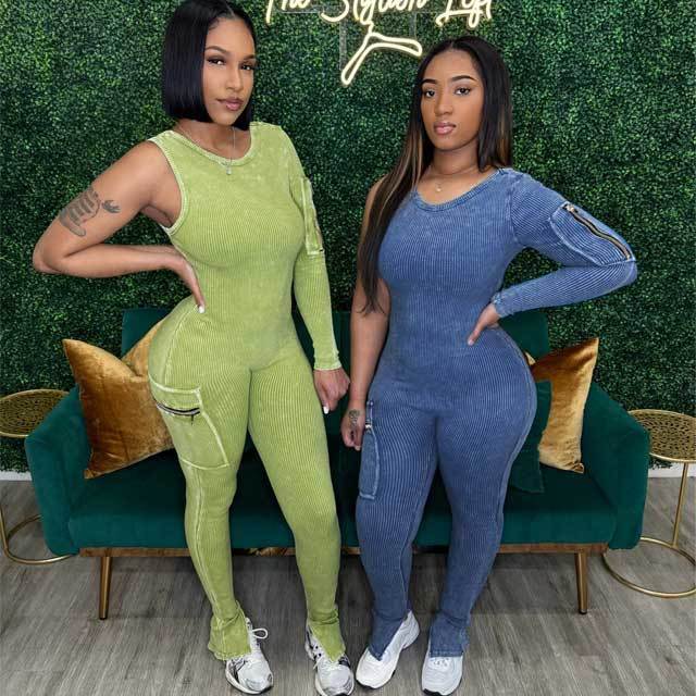 Washed Distressed Single Sleeve Cargo Jumpsuit