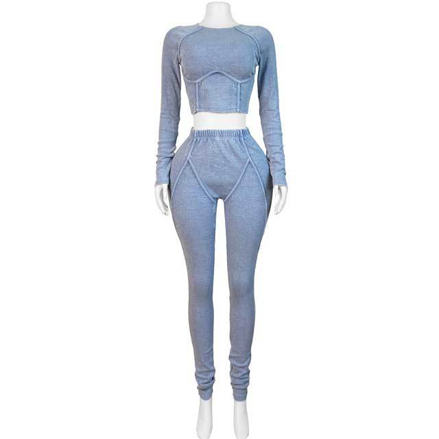 Washed Distressed Long Sleeve Skinny Pants Set