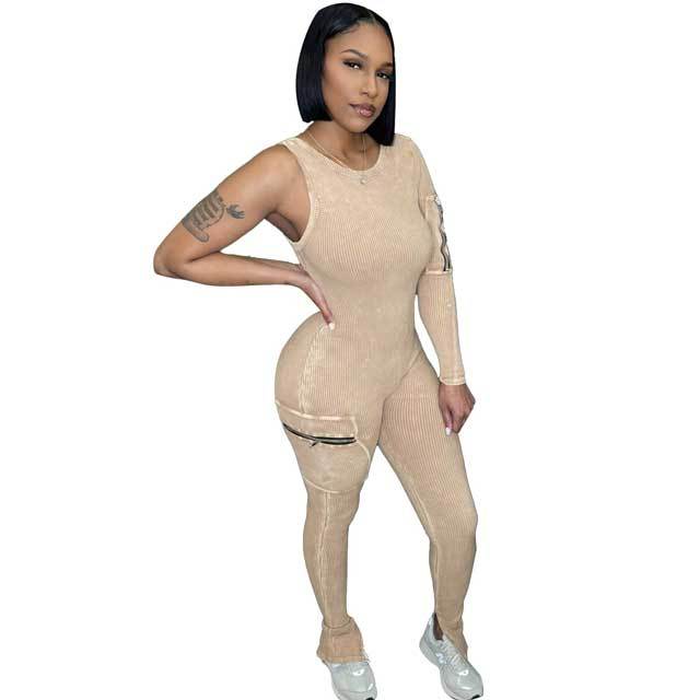 Washed Distressed Single Sleeve Cargo Jumpsuit