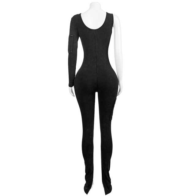Washed Distressed Single Sleeve Cargo Jumpsuit