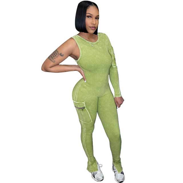Washed Distressed Single Sleeve Cargo Jumpsuit