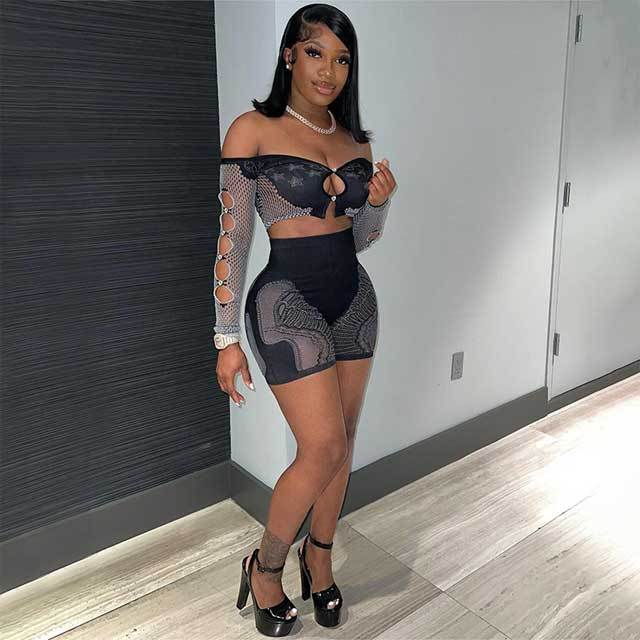 Mesh Hollow Out Top Short Set