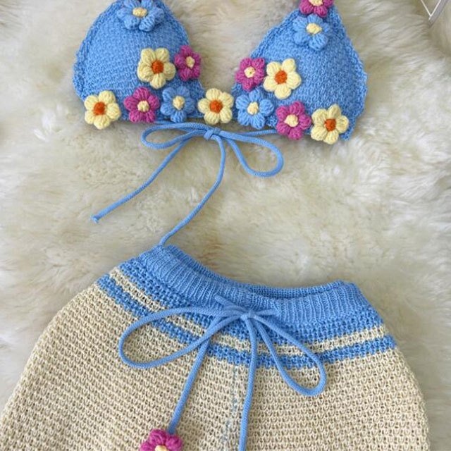 Color Block Crochet Bikinis Short Set