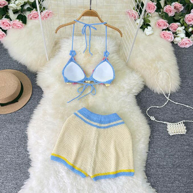 Color Block Crochet Bikinis Short Set