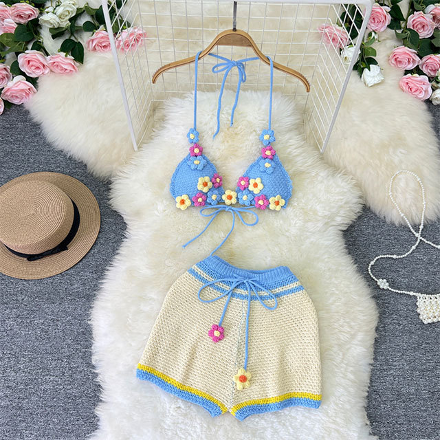 Color Block Crochet Bikinis Short Set