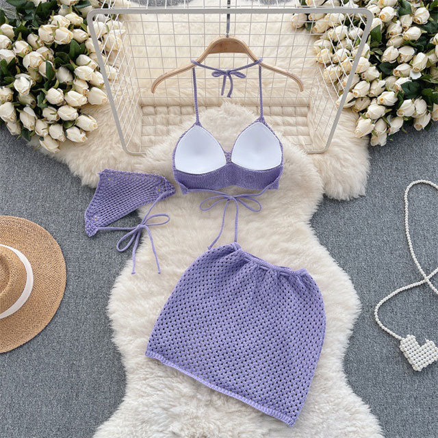 Beach Vacation Style Knitted Binding Bikini Set