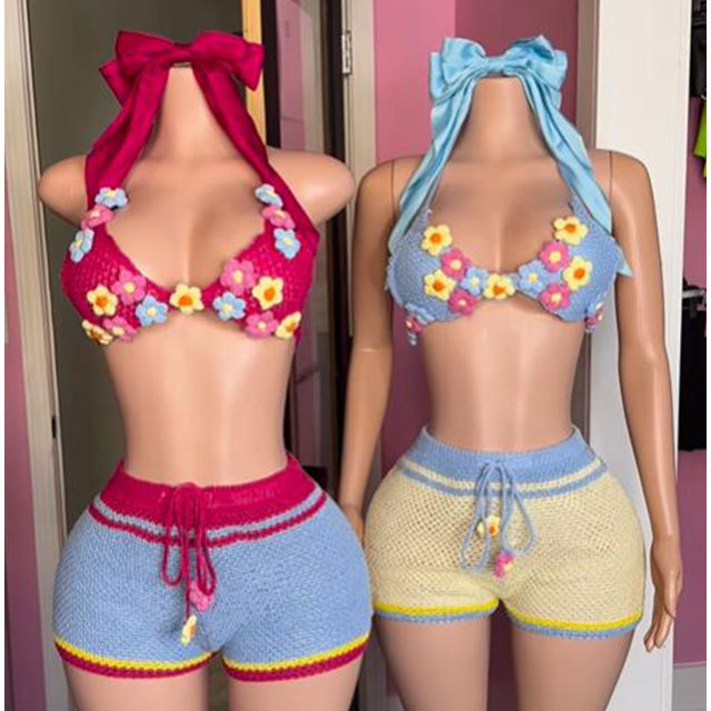 Color Block Crochet Bikinis Short Set