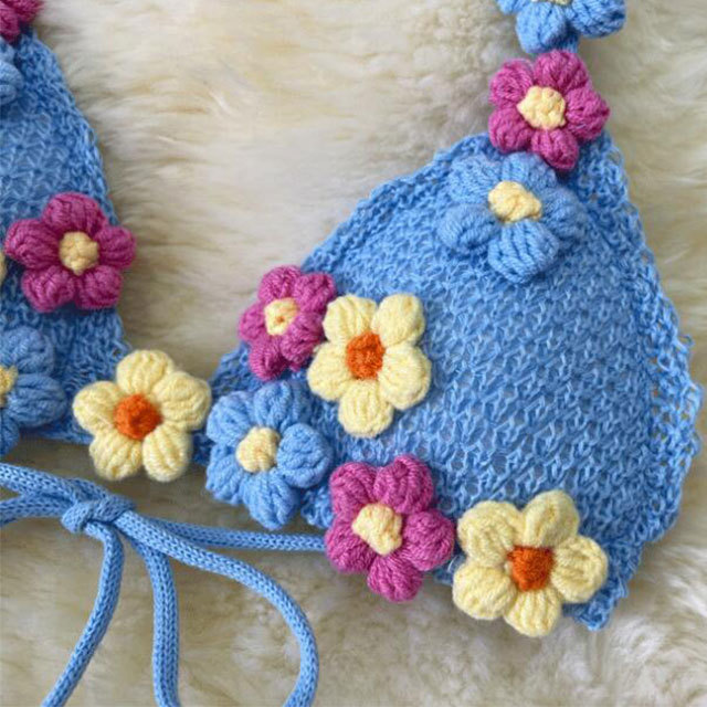 Color Block Crochet Bikinis Short Set