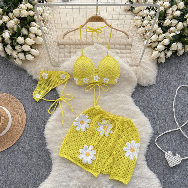 Beach Vacation Style Knitted Binding Bikini Set