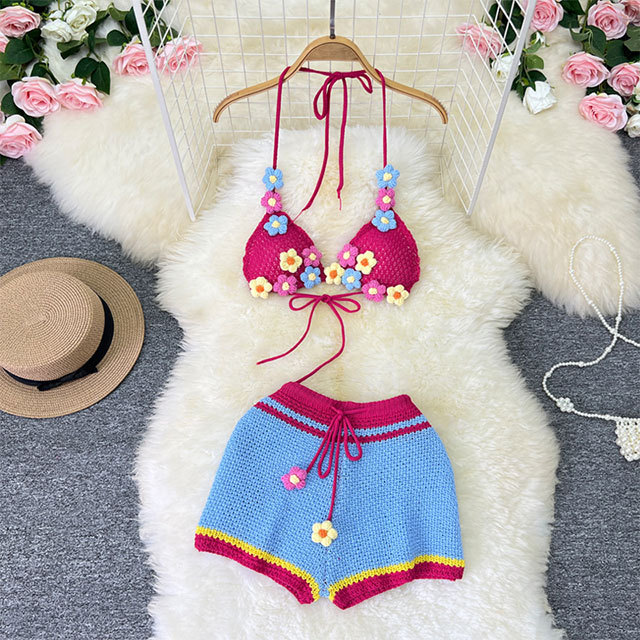 Color Block Crochet Bikinis Short Set