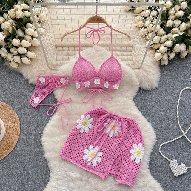 Beach Vacation Style Knitted Binding Bikini Set