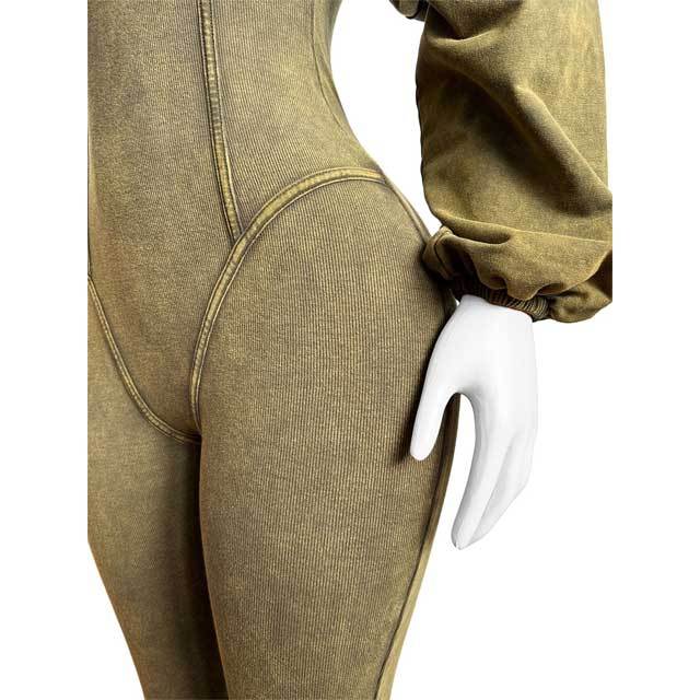 Washed Distressed Long Sleeve Polo Jumpsuit