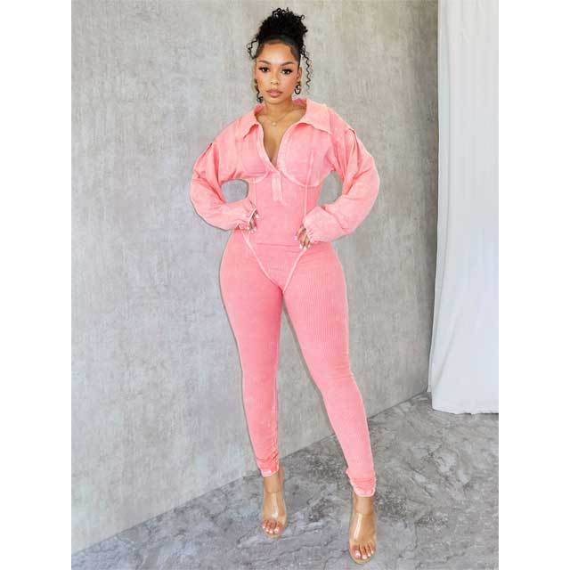 Washed Distressed Long Sleeve Polo Jumpsuit