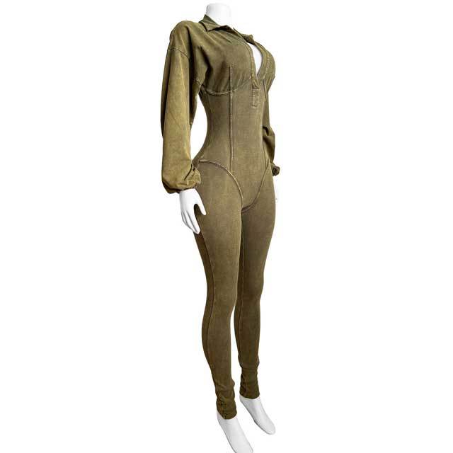 Washed Distressed Long Sleeve Polo Jumpsuit