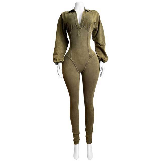 Washed Distressed Long Sleeve Polo Jumpsuit