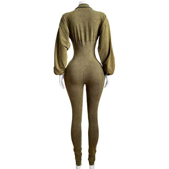 Washed Distressed Long Sleeve Polo Jumpsuit