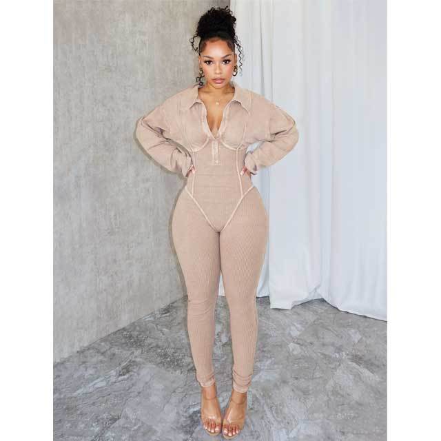 Washed Distressed Long Sleeve Polo Jumpsuit