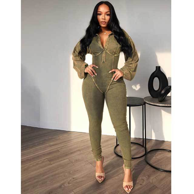 Washed Distressed Long Sleeve Polo Jumpsuit