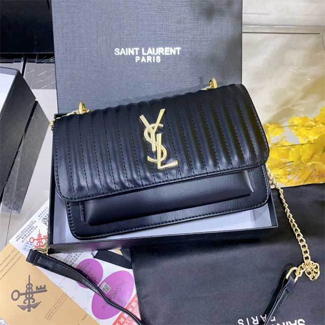 Metal Logo Chained Leather Messenger Bag