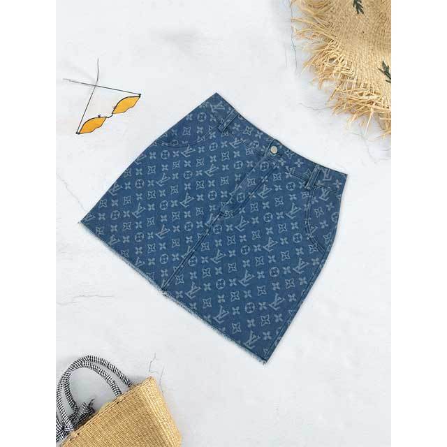 Washed Denim High Waist Jacquard Skirt