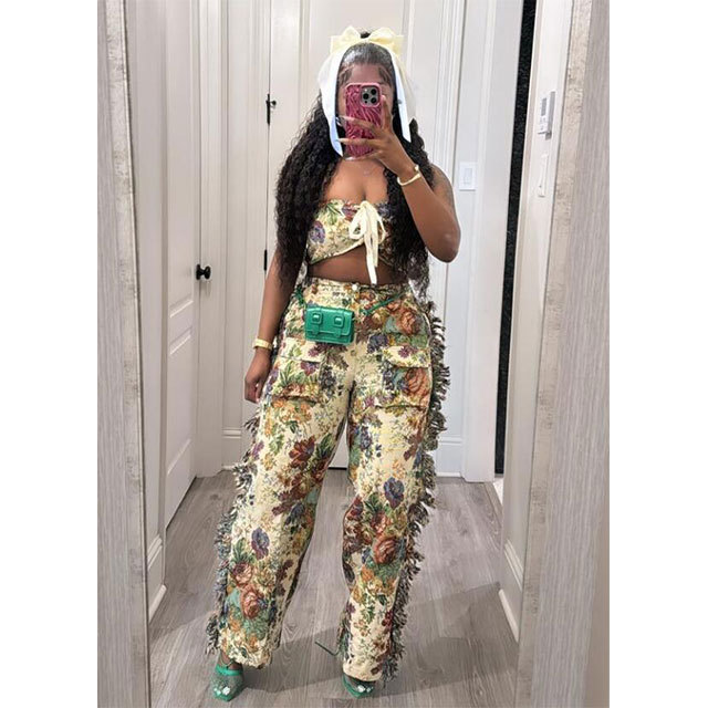 Printed Lace-Up Tube Top Cargo Tassel Pants Set
