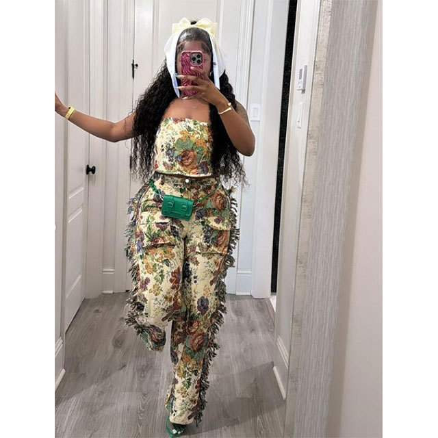 Printed Lace-Up Tube Top Cargo Tassel Pants Set