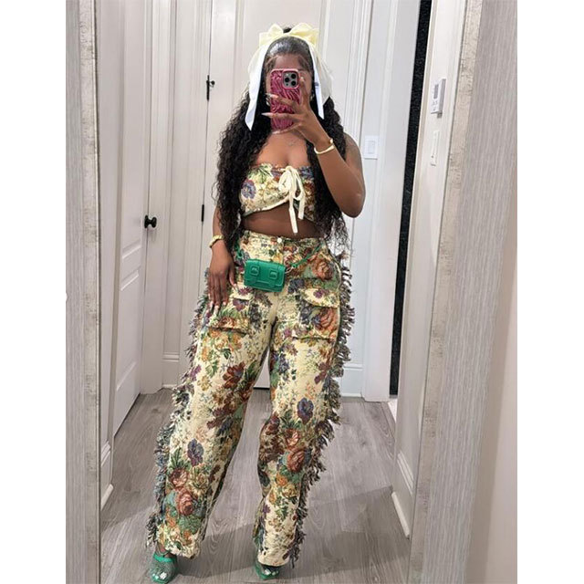 Printed Lace-Up Tube Top Cargo Tassel Pants Set