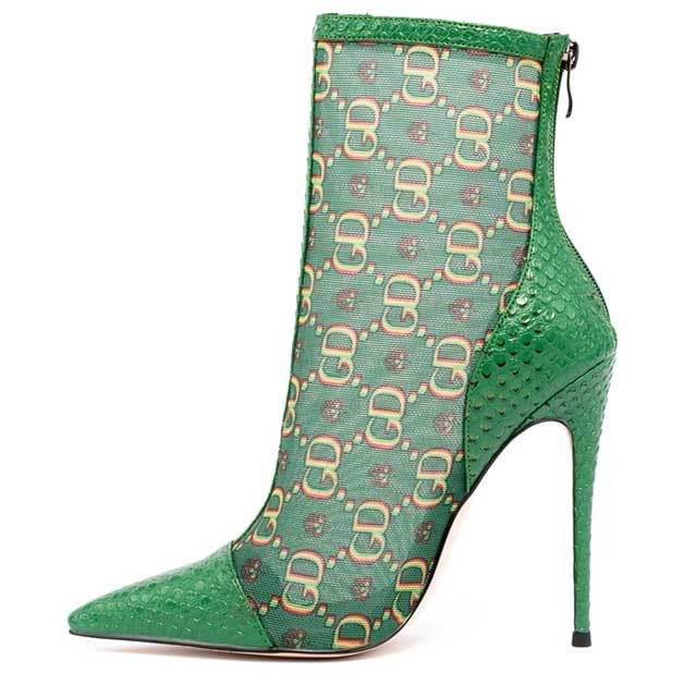 Pointed Toe Mesh Printed High Heeled Sandal Boots