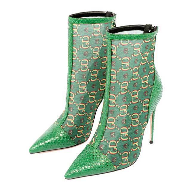 Pointed Toe Mesh Printed High Heeled Sandal Boots
