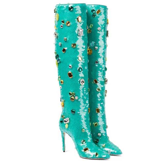 Chic Gemstone Sequin High Heeled Boots