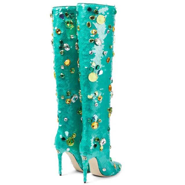 Chic Gemstone Sequin High Heeled Boots