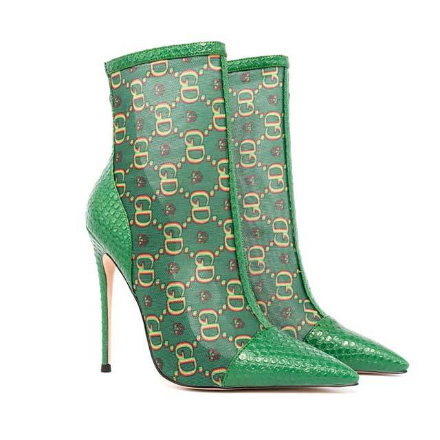 Pointed Toe Mesh Printed High Heeled Sandal Boots
