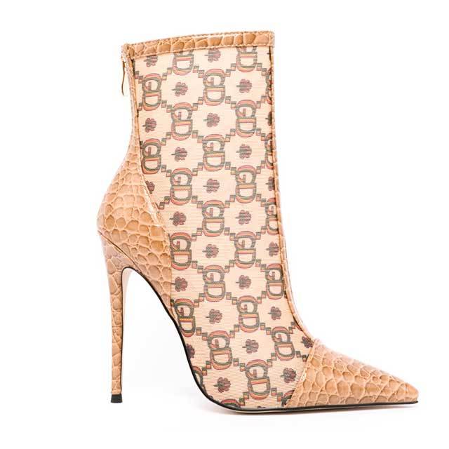 Pointed Toe Mesh Printed High Heeled Sandal Boots