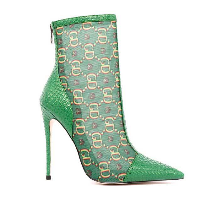 Pointed Toe Mesh Printed High Heeled Sandal Boots