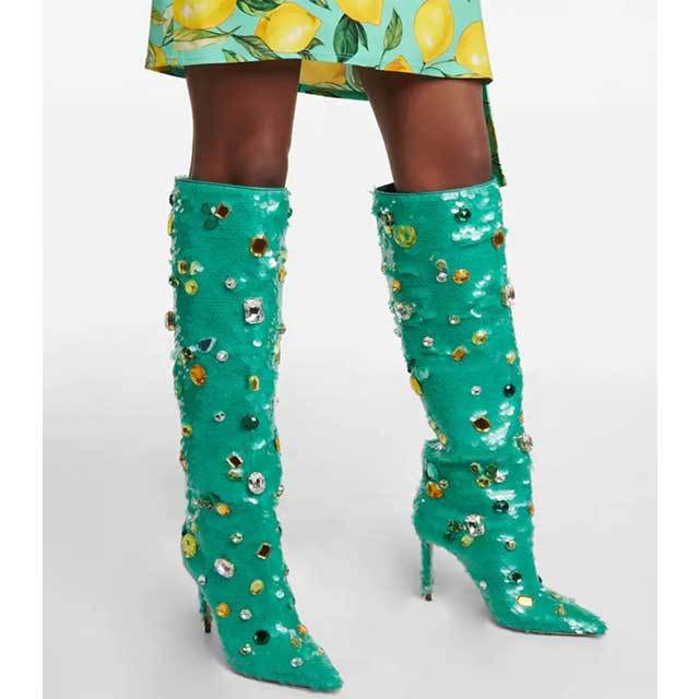 Chic Gemstone Sequin High Heeled Boots