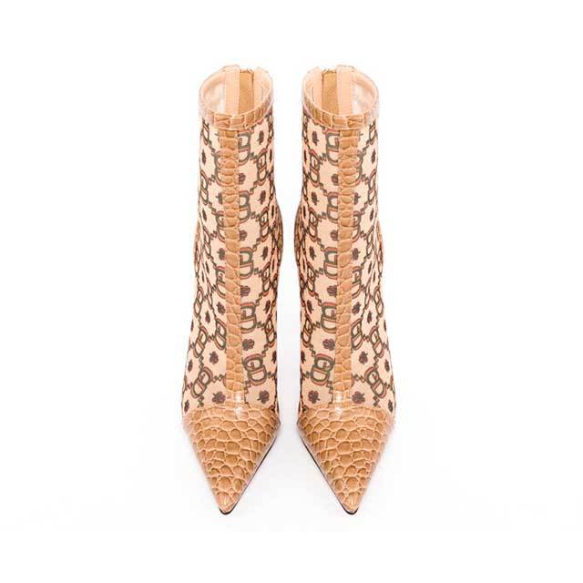 Pointed Toe Mesh Printed High Heeled Sandal Boots