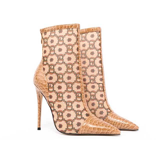Pointed Toe Mesh Printed High Heeled Sandal Boots