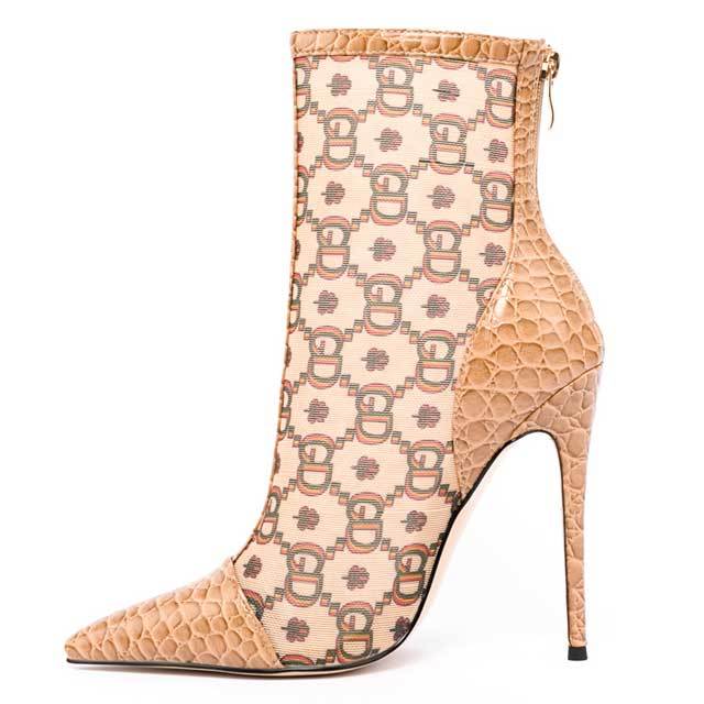 Pointed Toe Mesh Printed High Heeled Sandal Boots