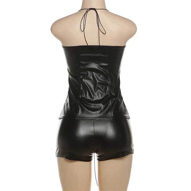 Leather Lace-Up Halter Top Short Set