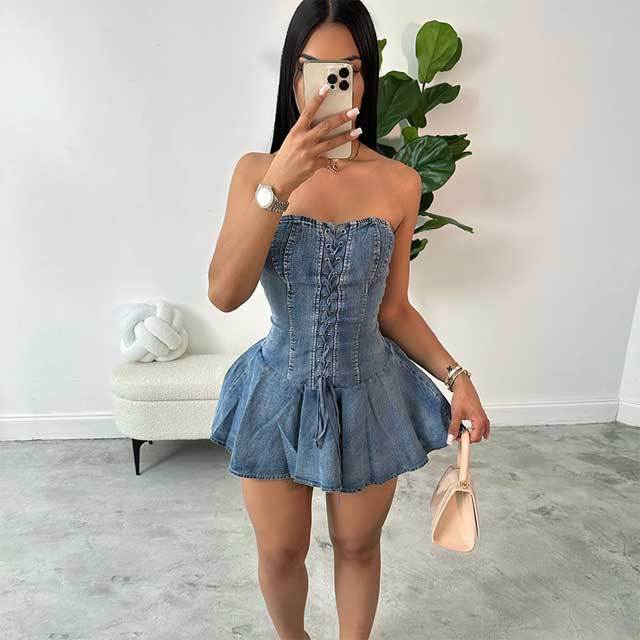 Lace-Up Denim Pleated Dress