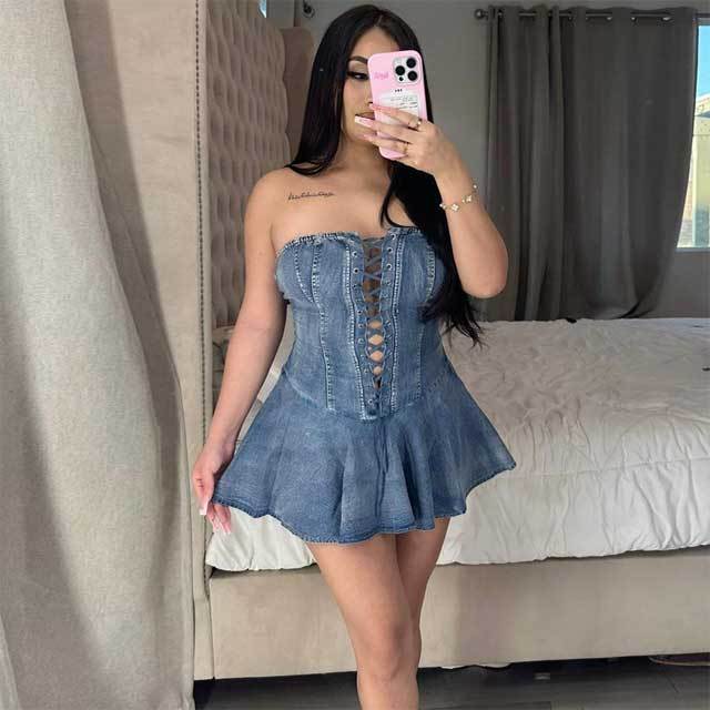 Lace-Up Denim Pleated Dress