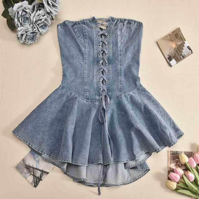 Lace-Up Denim Pleated Dress